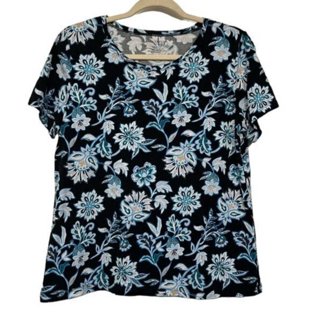 Ann Taylor Factory Navy Floral Short Sleeve Blouse Shirt Size Large EUC #7031